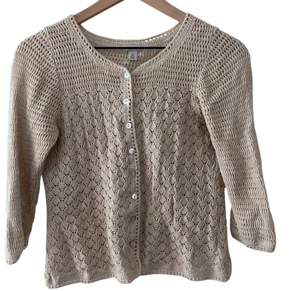 Vintage LL Bean Cotton Linen Crochet Knit Cardigan Sweater XS - Picture 5 of 7